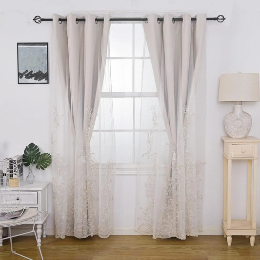 Double Layered Curtains with Embroidered White Sheer Tulle, Room Darkening Grommet Top Curtains Drapes, 2Panels