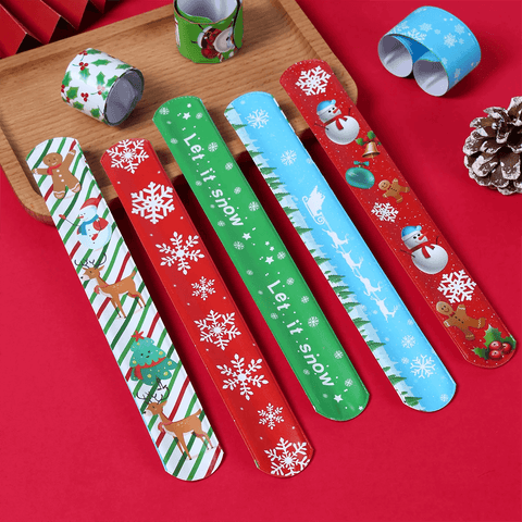 12pcs Christmas Slap Bracelets Santa Claus Snowman Elk Tree Printed Colorful PVC Wristband Child Kids Gifts Xmas Party Supplies