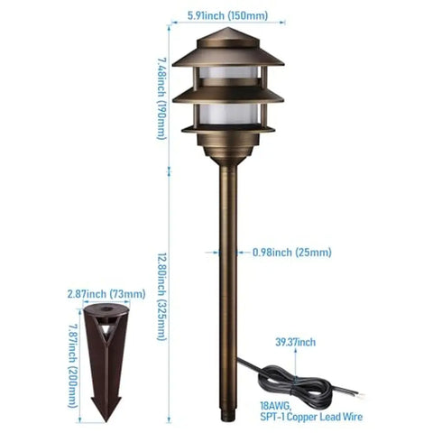 12V 3-Tier Cast Brass Pagoda Path Light Low Voltage Landscape Lights with Replaceable G4 Bulb Waterproof Outdoor Garden Solid