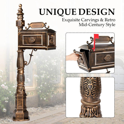 Decorative Large Mailbox with Post, Heavy Duty Cast Aluminum Postal Mail Box with Address Plaque, Antique Bronze