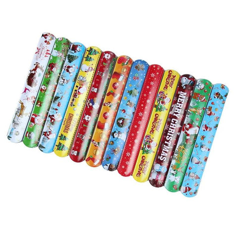 12pcs Christmas Slap Bracelets Santa Claus Snowman Elk Tree Printed Colorful PVC Wristband Child Kids Gifts Xmas Party Supplies