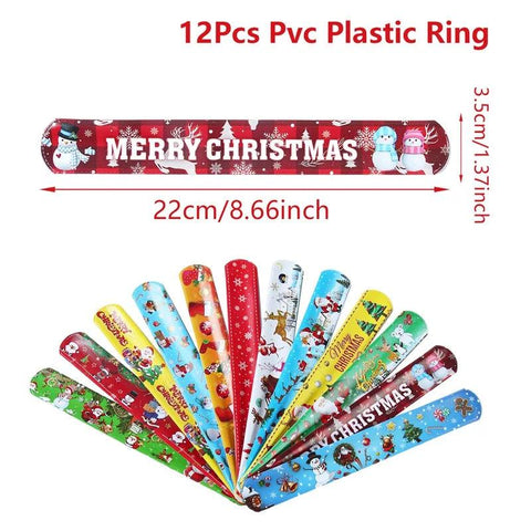 12pcs Christmas Slap Bracelets Santa Claus Snowman Elk Tree Printed Colorful PVC Wristband Child Kids Gifts Xmas Party Supplies