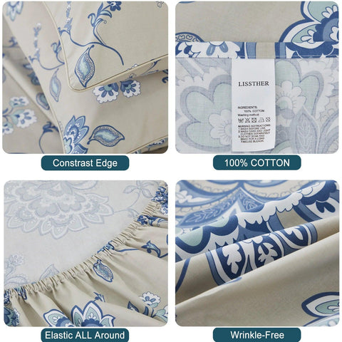 4pcs 600 TC 100% Egyptian Cotton Fitted Sheet Set (Without Core), Blue Floral in Boho Damask Paisley, Soft & Skin-friendly