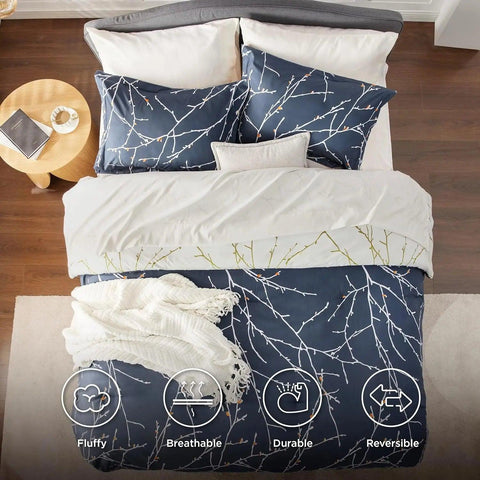 Comforter Sets - Bed in a Bag Queen 7 Pieces Reversible Navy Blue Flroal Bed Set Tree Branch Pattern Printed