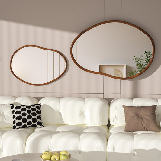 S/L Mid Century Asymmetrical Wood Frame Wall Mirror Decorative Accent Mirror for Entryway Living Room