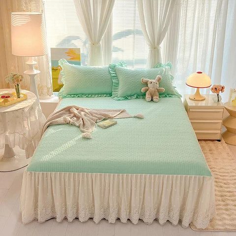 Quilted Cotton Flowers Lace Bed Skirt, Bedspread, Bed Sheet, Bed Cover, Pillowcases, 2/3Pcs Luxury Princess Wedding Bedding Set