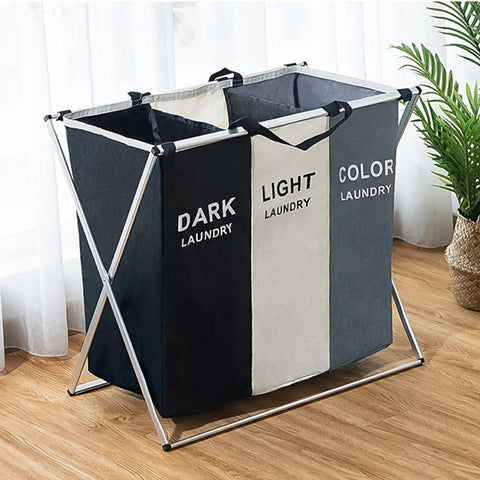 Foldable Laundry Cloth Hamper Sorter Basket Bin with Aluminum Frame, featuring 3 Sections for easy sorting of clean and dirty cl