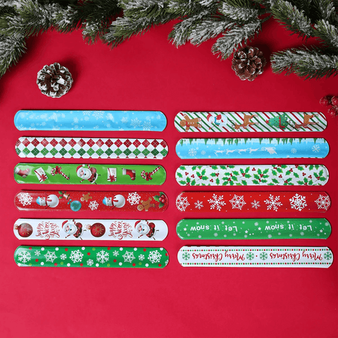 12pcs Christmas Slap Bracelets Santa Claus Snowman Elk Tree Printed Colorful PVC Wristband Child Kids Gifts Xmas Party Supplies