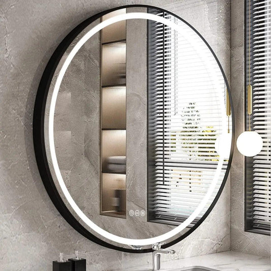 Round LED Illuminated Bathroom Mirror Hanging Wall Vanity Mirror Demister Dimmable Aluminum Fram HD Glass