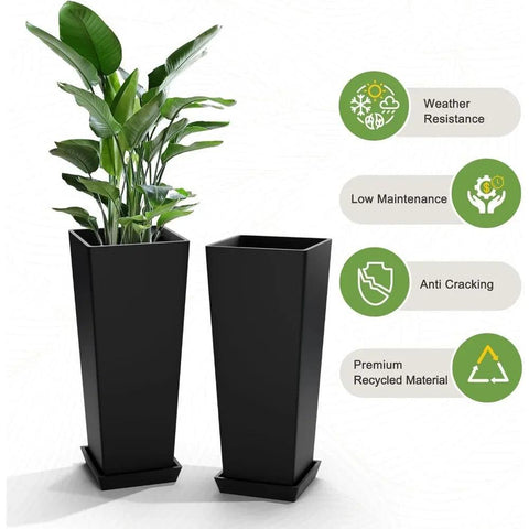 Set of 2 Tall Outdoor Planters 24 Inch, Large Planters for Indoor Outdoor Plants, Tapered Square Flower Pots with Tray for Patio