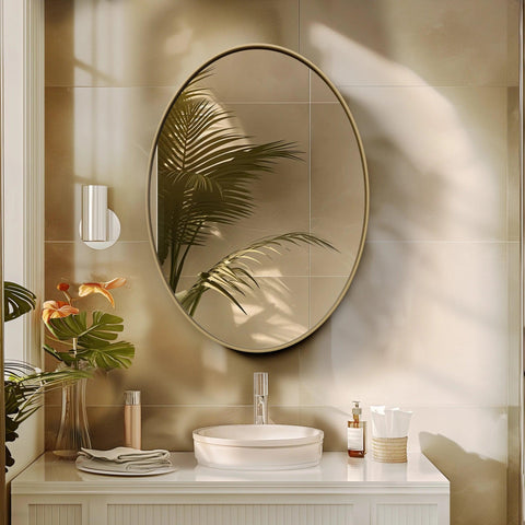 Oval Wall Mounted Mirror Gold Aluminum Framed Vanity Accent Mirror for Entryway Living Room Vertically or Horizontally