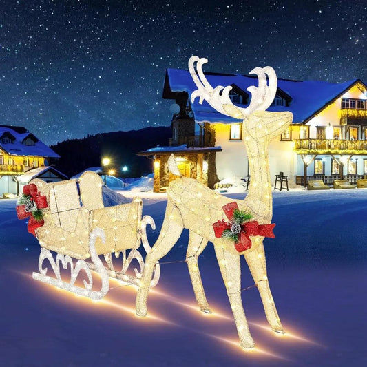 4FT Lighted Christmas Reindeer & Sleigh Outdoor Yard Decoration Set W/ 205 LED Lights & 8 Ground Stakes, Zip Ties, Art