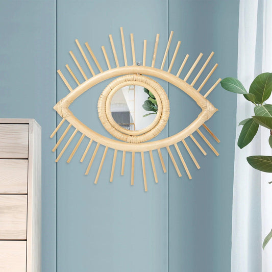 Hanging Rattan Mirror Decorative Eye Mirror Handmade Eye Mirror Wall Decor Aesthetic Evil Eye Wall Mirror Vintage Rattan Mirror