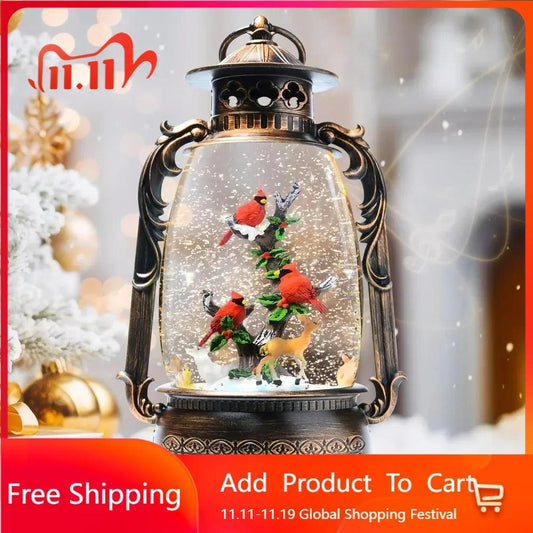 13.4" Christmas Snow Globe Lantern with Swirling Glitter Christmas Decorations Indoor, Cardinals & Rotating Tiny Animal Lighted