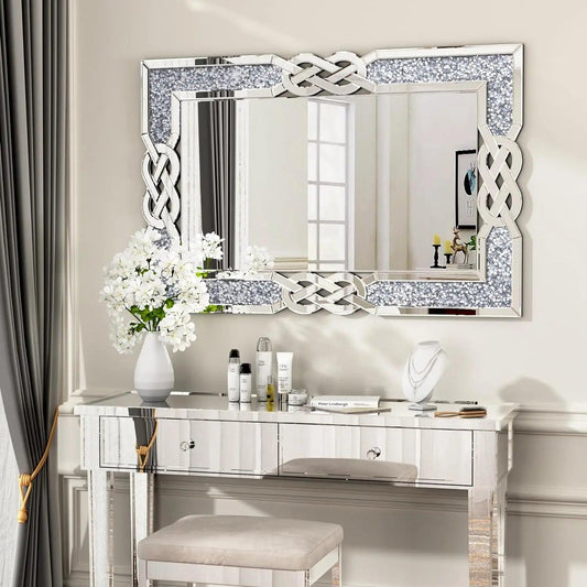 90/100/120CM Large Crystal Crush Diamond Mirror Vanity Silver Decorative Wall Hang Mirror for Bedroom Hallway Living Room