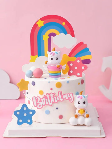 Unicorn Theme Cake Topper Happy Birthday Rainbow Stars Girl Birthday Baby Shower Party  Cake Decoration for Girl's 16th Birthday