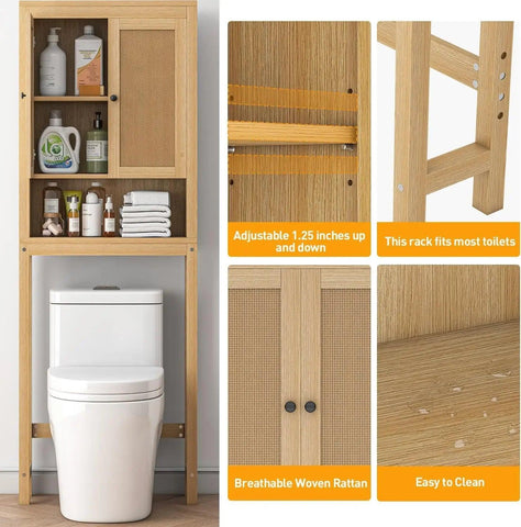 Rattan Over The Toilet Storage Cabinet, Adjustable Shelf, Behind Toilet Cabinet,Bathroom, Laundry, Wood Rack, Natural