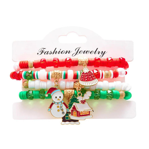 4Pc/Set Merry Christmas Tree Santa Claus Bracelet For Women Xmas Deer Crystal Polymer Clay Beads Woven Bracelet New Year Jewelry