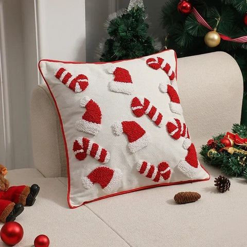 Christmas Pillowcase Christmas Hat Cane Pattern Hidden Zipper 3D Plush Pillowcase New Year's and Christmas Decoration