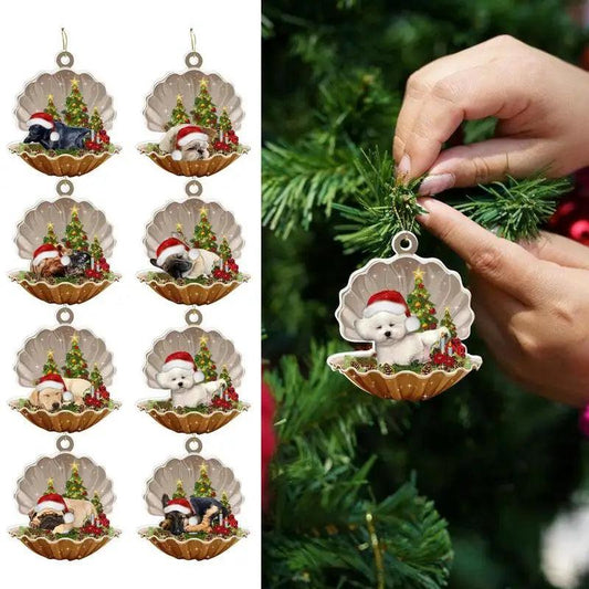 2D Shell Christmas Dog Oranments Xmas Tree Flat Hanging Pendant Merry Decor Gift For Kids Noel Happy New Year