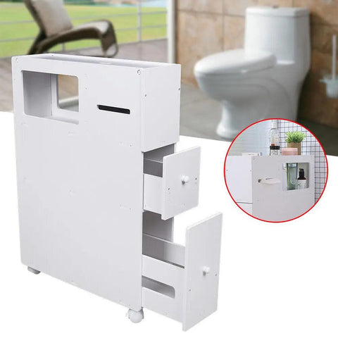 Slim Bathroom Cabinet Storage Organizer with Shelves Slide Out Drawer Free Standing Floor Side Toilet Cabinet White