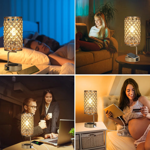 Bedside Lamp with 6W Bulb Neoglint Crystal Table Lamp Touch Desk Light Wirelessly Charger Dual USB Dimmable for Cafe Shop