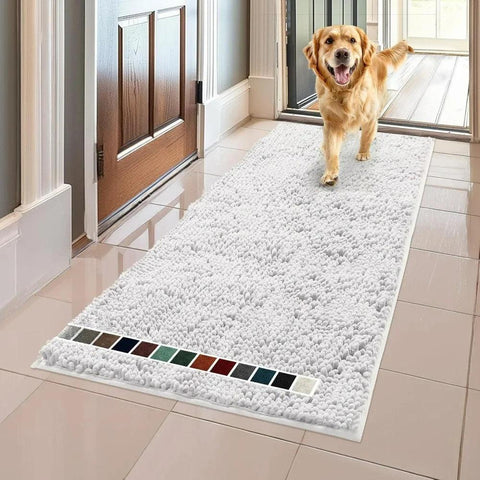 Highly absorbent ultra-fine fiber door mat and pet carpet, non slip, thick and washable, soft chenille, white 59 "X24"