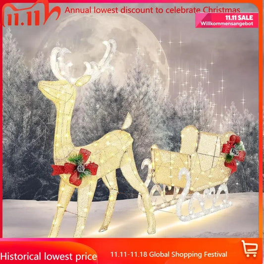 4FT Lighted Christmas Reindeer & Sleigh Outdoor Yard Decoration Set W/ 205 LED Lights & 8 Ground Stakes, Zip Ties, Art