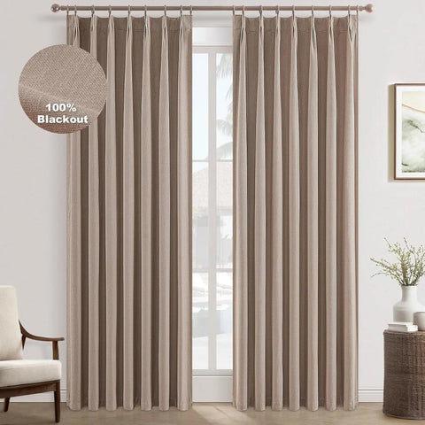 Pleated Curtains 96 Inch Long, 100% Blackout Thermal Insulated Natural Linen Pinch Pleat Viral Drapes with Hooks Rings 2 Panel