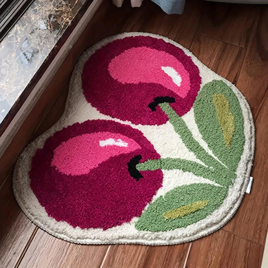 Cherry Shaped Fluffy Velvet Bath Mat, Non-Slip, Machine Washable, Cute Bathroom Door Rug, Shower Foot Pad - 19.6x23.6"