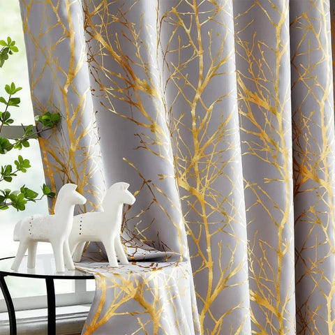 Metallic Tree Blackout Curtains Bedroom Length Living-Room Branch Print Curtain Panels Triple Weave Thermal Insulated Drapes