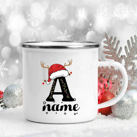 Personlized Christmas Cup Initial with Name Hot Cocoa Chocolate Mug Drink Jiuce Enamel Mugs Xmas Gifts for Kids Friends Family