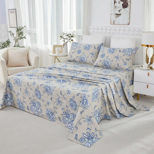 4pcs 600 TC 100% Egyptian Cotton Fitted Sheet Set (Without Core), Blue Floral in Boho Damask Paisley, Soft & Skin-friendly