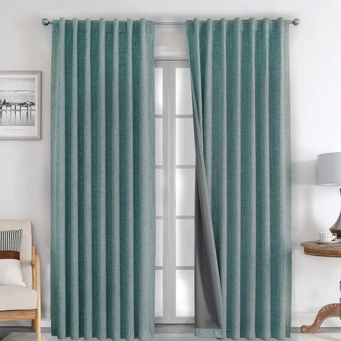 Blackout Linen Curtains Long 100% Blackout Drapes 95 inch Length 2 Panels Set