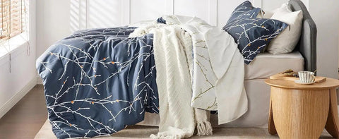 Comforter Sets - Bed in a Bag Queen 7 Pieces Reversible Navy Blue Flroal Bed Set Tree Branch Pattern Printed