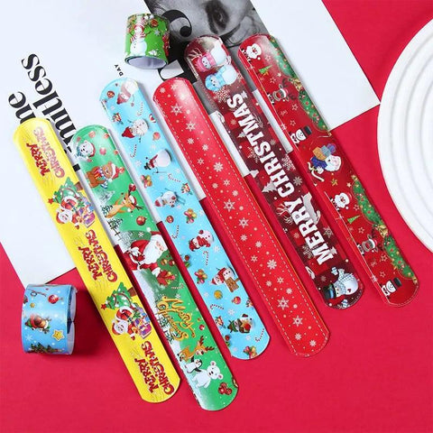 12pcs Christmas Slap Bracelets Santa Claus Snowman Elk Tree Printed Colorful PVC Wristband Child Kids Gifts Xmas Party Supplies