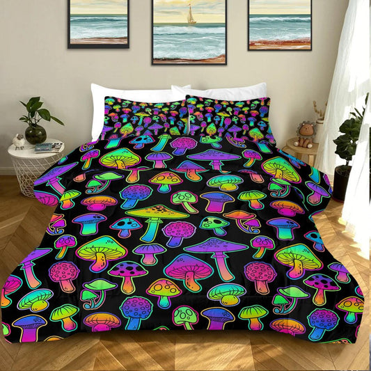 3 Piece Special Colourful Shining Mushrooms Design Comforter Set Comfortable Quilt Set Suitable for All Seasons Home Decor