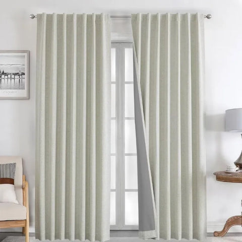 Blackout Linen Curtains Long 100% Blackout Drapes 95 inch Length 2 Panels Set