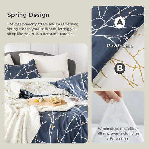 Comforter Sets - Bed in a Bag Queen 7 Pieces Reversible Navy Blue Flroal Bed Set Tree Branch Pattern Printed