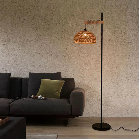 Bymaocar Smart Floor Lamp Standing Light Remote & APP Control with Rattan Lampshade and Stepless Dimmer for Living Room Office