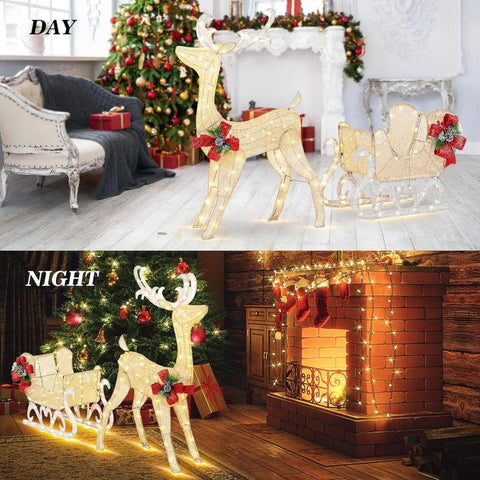 4FT Lighted Christmas Reindeer & Sleigh Outdoor Yard Decoration Set W/ 205 LED Lights & 8 Ground Stakes, Zip Ties, Art