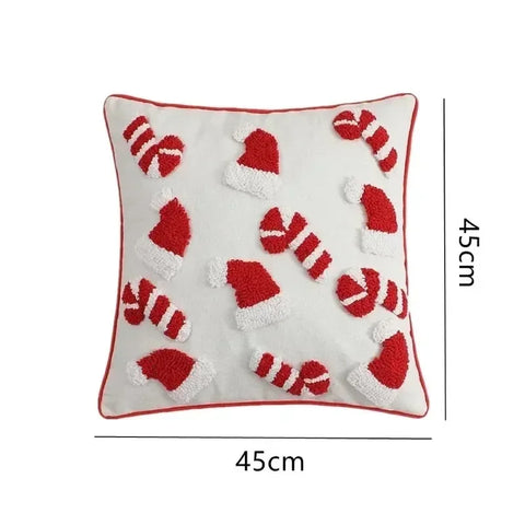 Christmas Pillowcase Christmas Hat Cane Pattern Hidden Zipper 3D Plush Pillowcase New Year's and Christmas Decoration