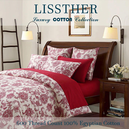 3pcs 600 TC 100% Egyptian Cotton Duvet Cover Set (Without Core), Vintage RED Floral Moire, Soft Breathable And Skin-friendly