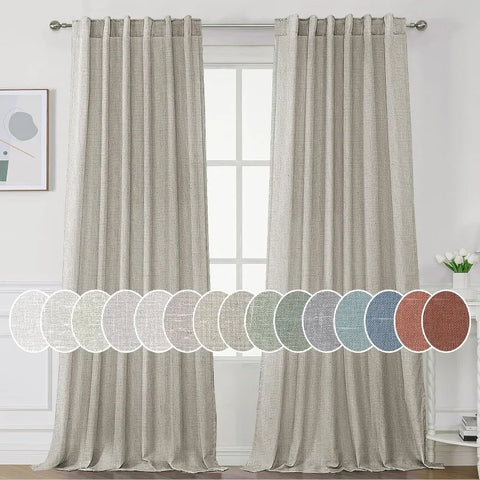 Natural Linen Curtains 108 inches Long for Living Room 2 Panels Back Tab Loop Pocket Linen Textured Light Filtering