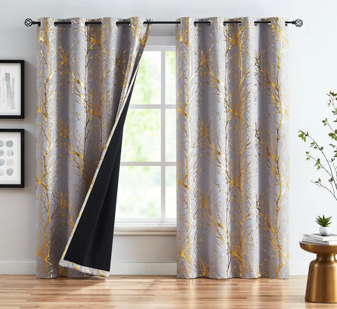 Metallic Tree Blackout Curtains Bedroom Length Living-Room Branch Print Curtain Panels Triple Weave Thermal Insulated Drapes