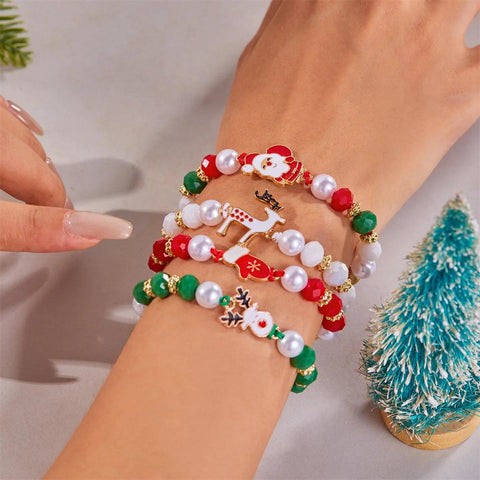 4Pc/Set Merry Christmas Tree Santa Claus Bracelet For Women Xmas Deer Crystal Polymer Clay Beads Woven Bracelet New Year Jewelry