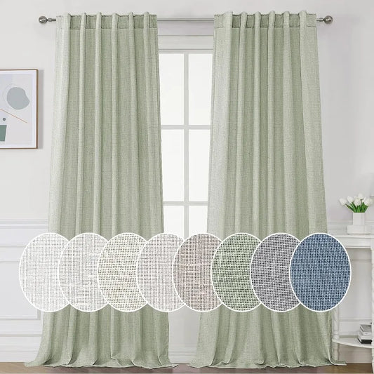 Natural Linen Curtains 108 inches Long for Living Room 2 Panels Back Tab Loop Pocket Linen Textured Light Filtering