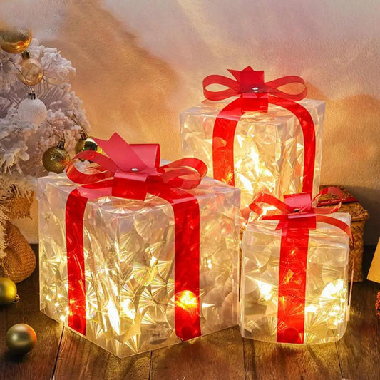 LED Lighted Christmas Gift Boxes Reusable Light Up Cube Present Box with Bow Top Xmas Festive Atmosphere Decor