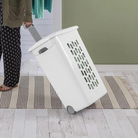 Wheeled Plastic Laundry Hamper with Lid, Handle and Wheels for Easy Rolling of Clothes to and from The Laundry Room, , White