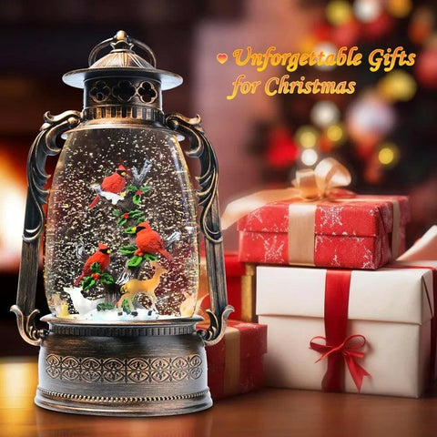 13.4" Christmas Snow Globe Lantern with Swirling Glitter Christmas Decorations Indoor, Cardinals & Rotating Tiny Animal Lighted